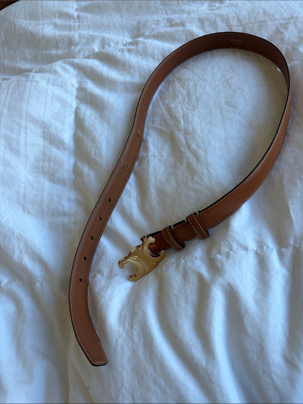Celine Tan Leather Belt with Gold Triomphe Buckle